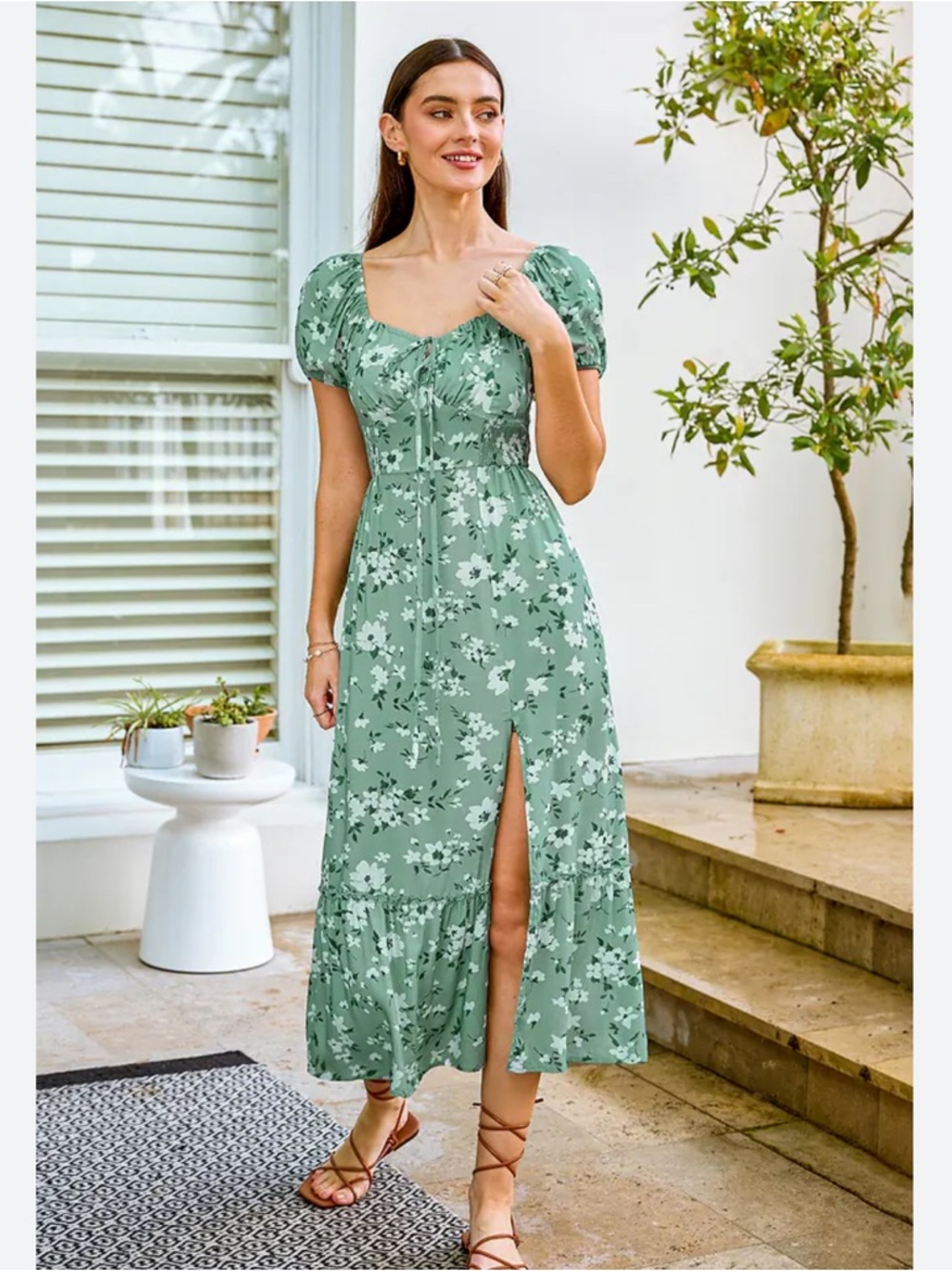 Cupshe Green Floral Puff Sleeve Midi Dress with Front Slit